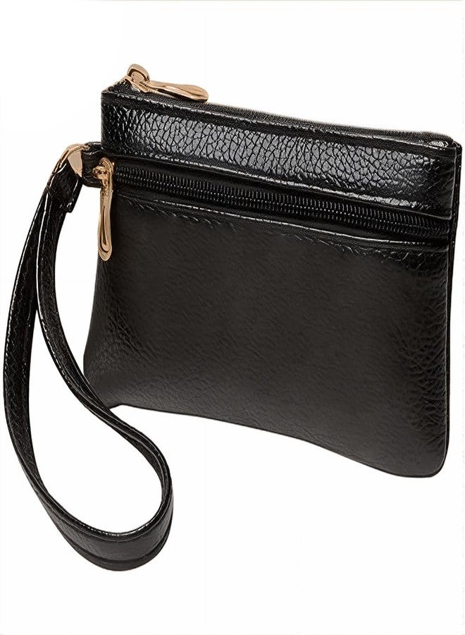 CALFOVERA Slim Wristlet Keychain Wallet with Zipper PU Leather Double Layer Coin Pouch Holder Portable Wrist Strap Change Purse Leather Cash Organizer Case for Men Women Travel Credit Card(Black) - Image 1